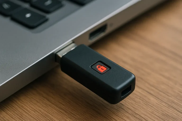 Clé USB branchée sur un ordinateur, voyant rouge indiquant une protection en écriture.