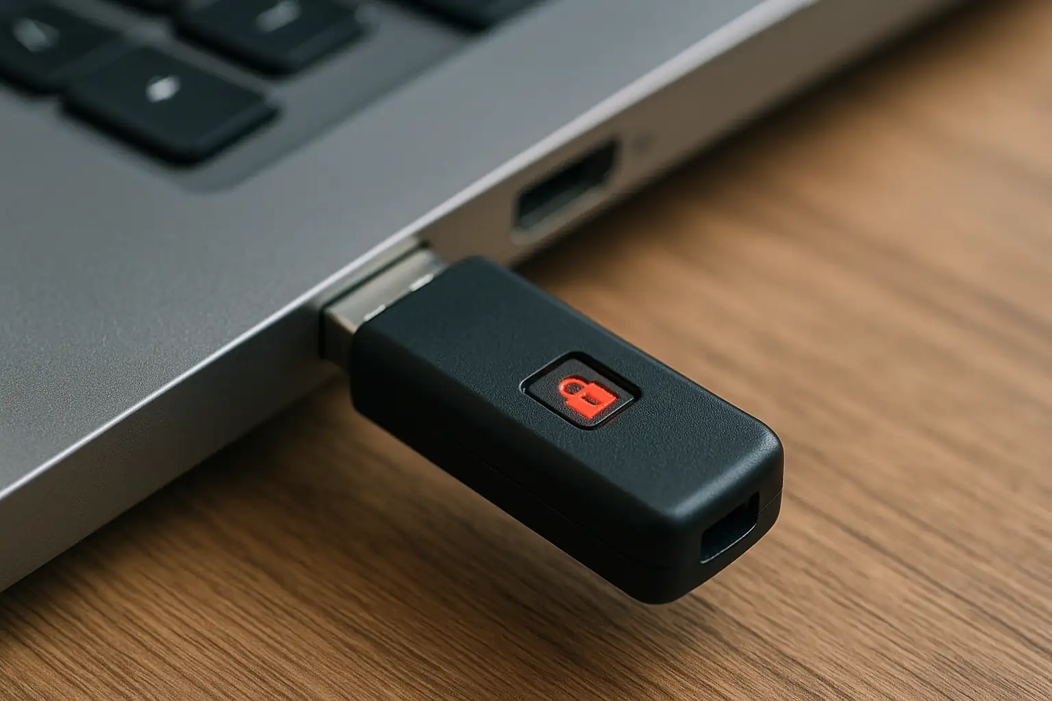 Clé USB branchée sur un ordinateur, voyant rouge indiquant une protection en écriture.