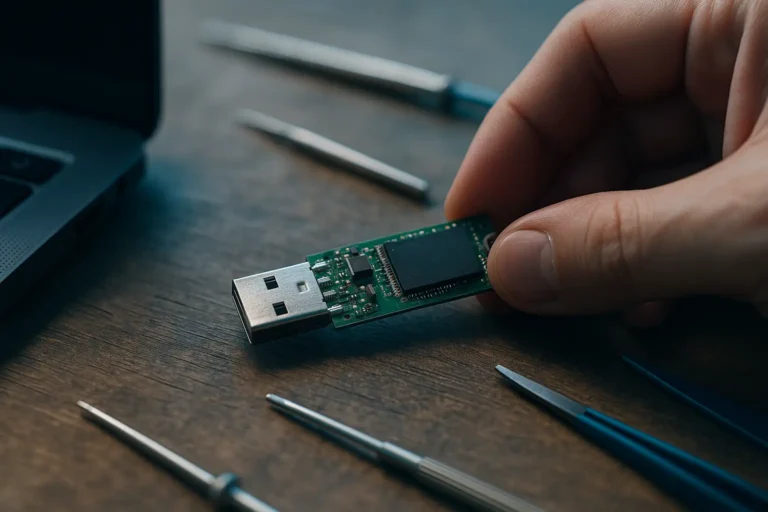 Photo détaillée d’une clé USB démontée en cours de réparation sur un établi