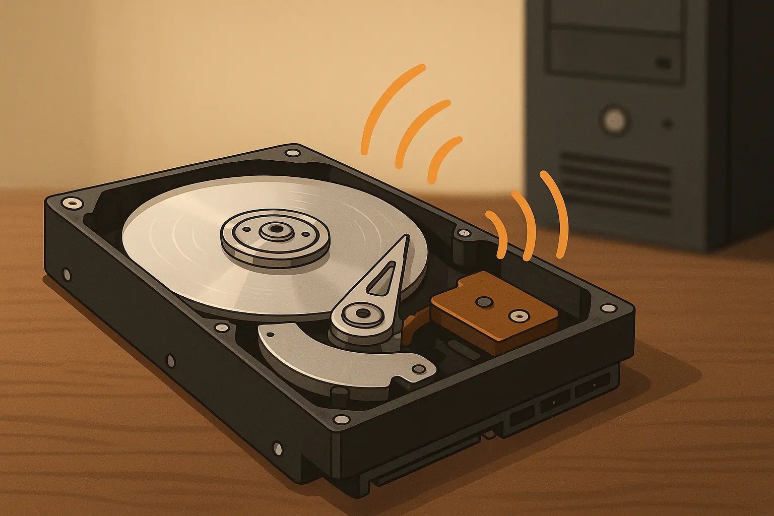 Illustration d’un disque dur ouvert émettant des ondes sonores symbolisant un bruit mécanique anormal.