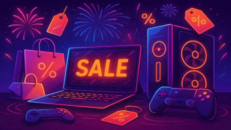 Illustration horizontale aux néons montrant matériel gamer et étiquettes promo, évoquant les offres Gaming Days.