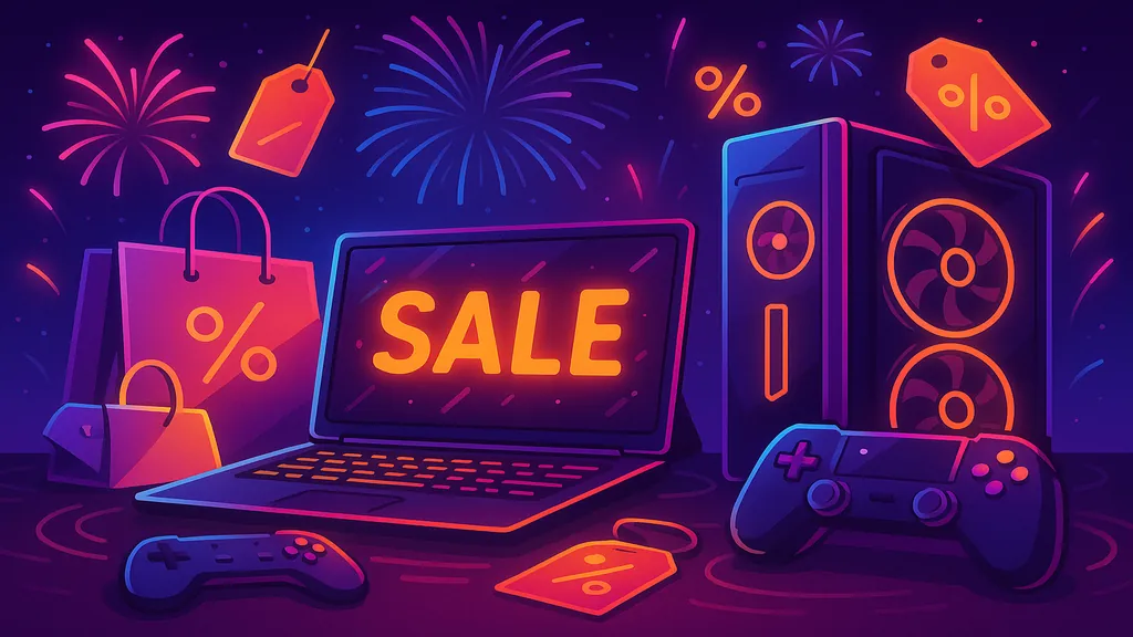 Illustration horizontale aux néons montrant matériel gamer et étiquettes promo, évoquant les offres Gaming Days.