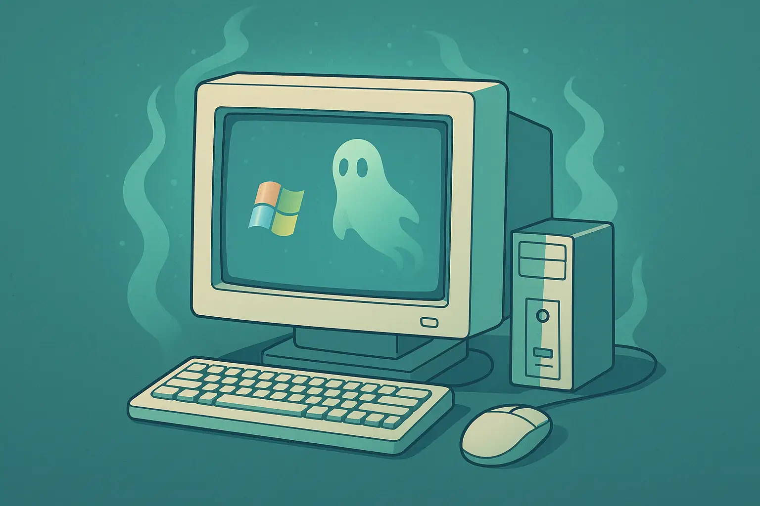 Illustration rétro d’un ordinateur Windows XP entouré d’une lueur fantomatique