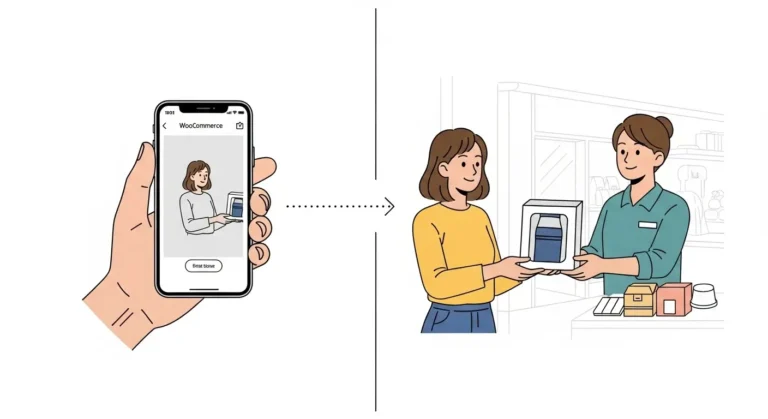 Illustration du parcours client Click & Collect sur WooCommerce, montrant un client consultant une photo de produit puis le récupérant en magasin.