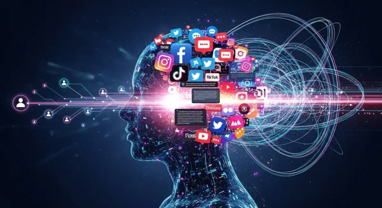 Illustration de l'impact des réseaux sociaux sur la santé mentale, montrant une silhouette humaine submergée par un flux d'icônes et de notifications.