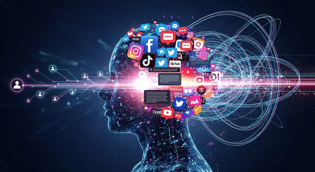 Illustration de l'impact des réseaux sociaux sur la santé mentale, montrant une silhouette humaine submergée par un flux d'icônes et de notifications.