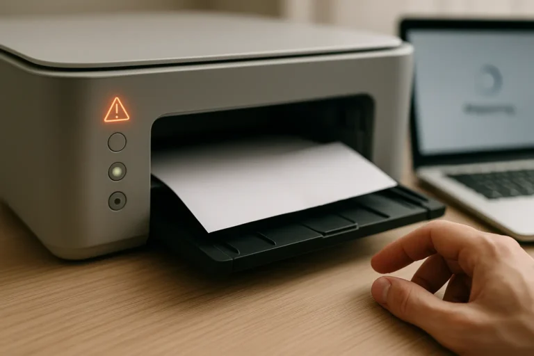 Imprimante de bureau moderne avec voyant d’erreur allumé et feuille coincée