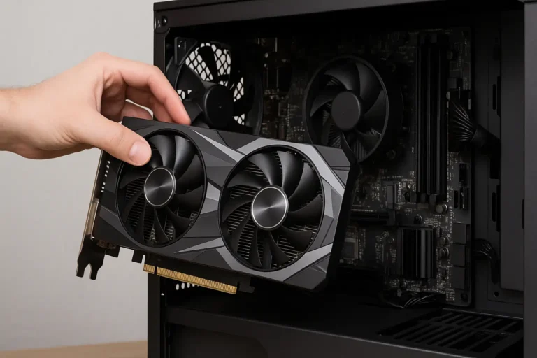 Installation d’une carte graphique dans un PC fixe, main insérant le GPU dans la carte mère.