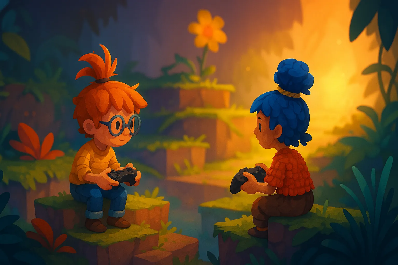 Illustration horizontale évoquant la durée de jeu coopérative d’It Takes Two, avec deux personnages jouant ensemble dans un décor féérique.