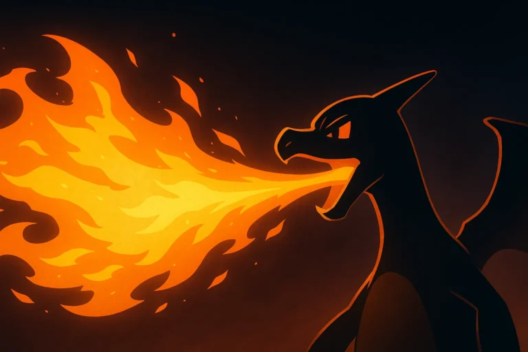 Illustration horizontale d’une attaque Lance-Flammes inspirée de Pokémon : dragon sombre projetant un jet de feu vif sur fond obscur, sans texte.