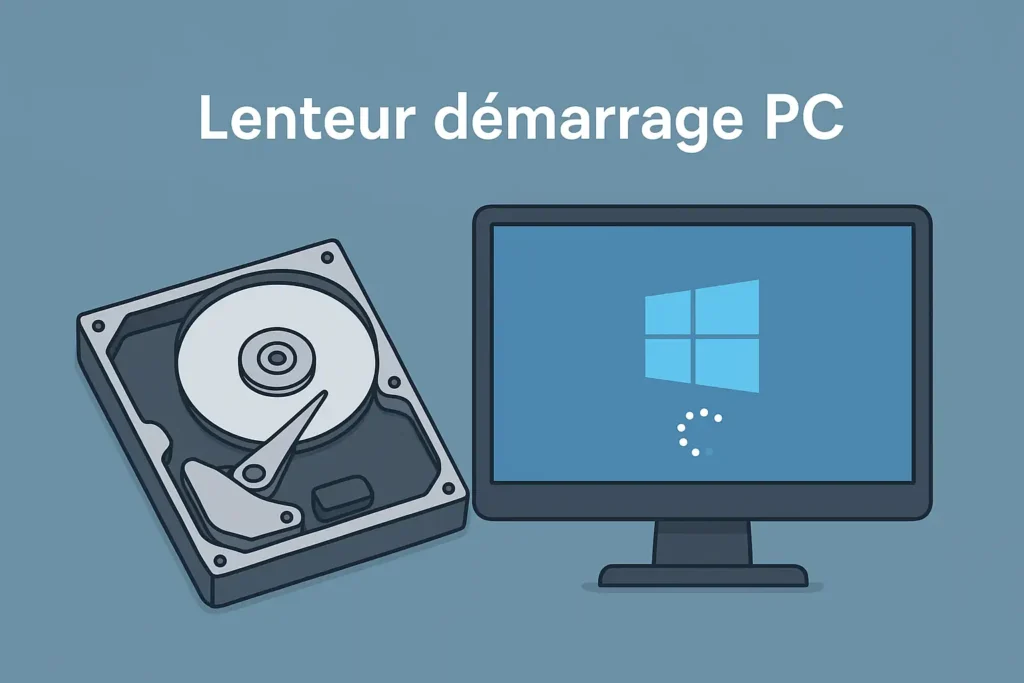 Illustration d’un PC affichant un écran de démarrage Windows lent, avec disque dur visible.