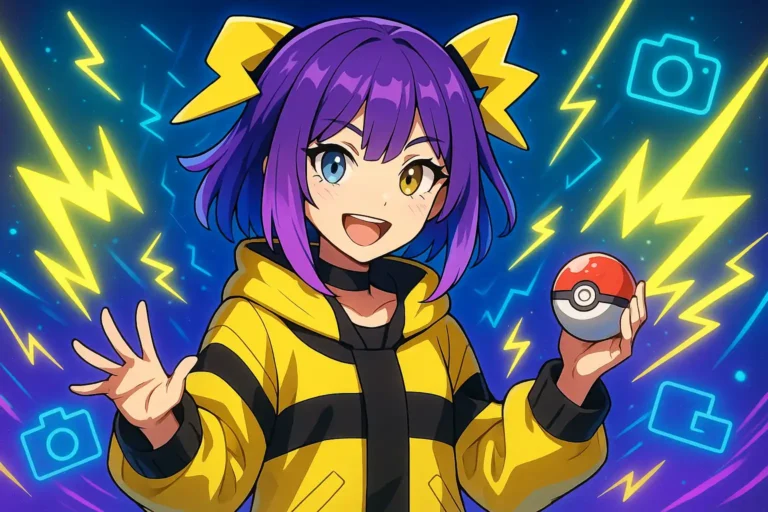 Illustration horizontale inspirée de Mashynn, championne Pokémon de type Électrik, dans un style anime dynamique.
