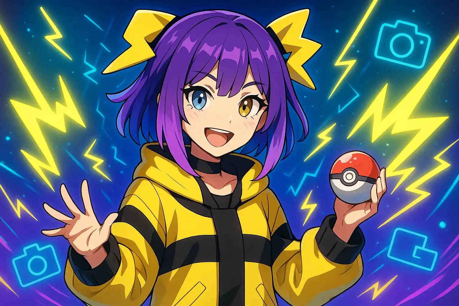 Illustration horizontale inspirée de Mashynn, championne Pokémon de type Électrik, dans un style anime dynamique.