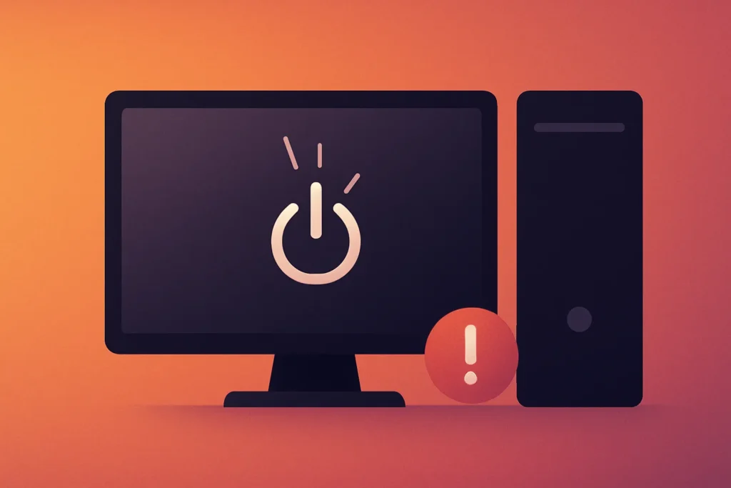 Illustration d’un ordinateur de bureau qui s’éteint brusquement, avec un symbole d’alerte