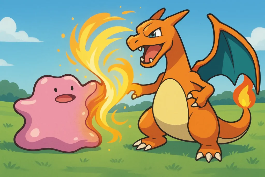 Illustration d’un Ditto en pleine transformation vers Charizard, énergie tourbillonnante entre les deux formes, sur une prairie ensoleillée.