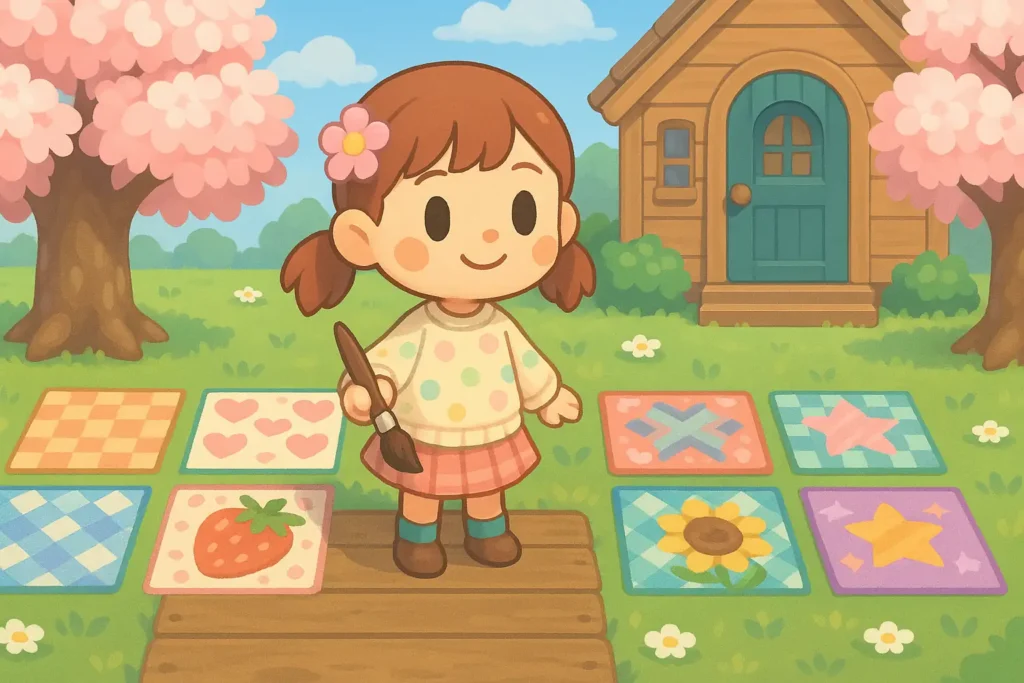 Scène inspirée d’un jeu de simulation d’île : personnage mignon tenant un pinceau devant des dalles décoratives personnalisées aux motifs colorés.
