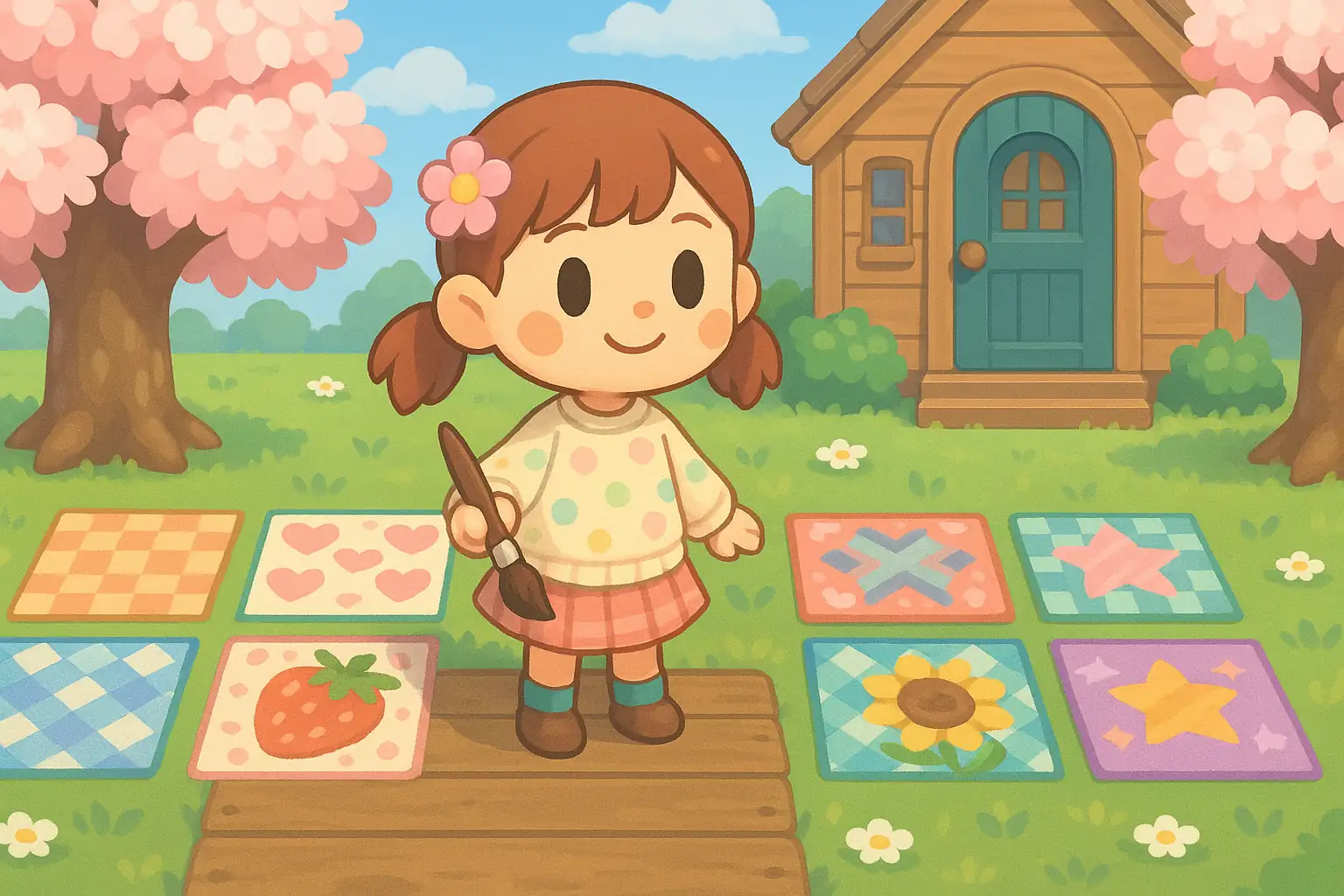 Scène inspirée d’un jeu de simulation d’île : personnage mignon tenant un pinceau devant des dalles décoratives personnalisées aux motifs colorés.