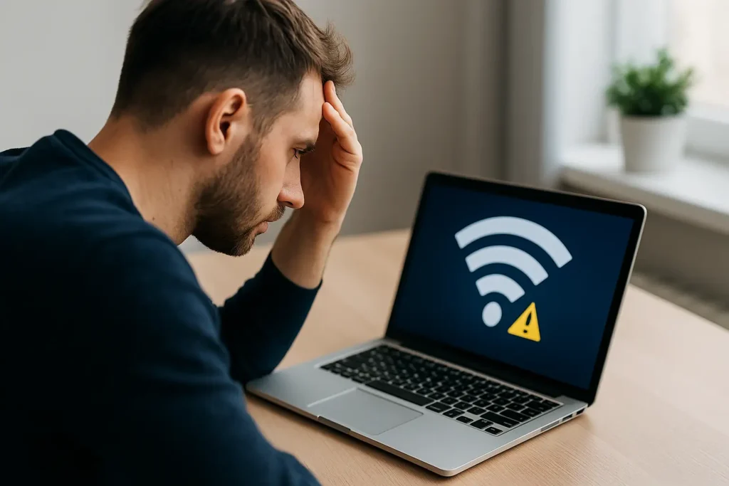 Homme observant un ordinateur portable affichant une alerte de connexion Wi-Fi échouée