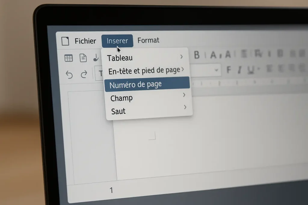 Menu “Insérer › Numéro de page” ouvert dans LibreOffice Writer, montrant la préparation de la pagination.