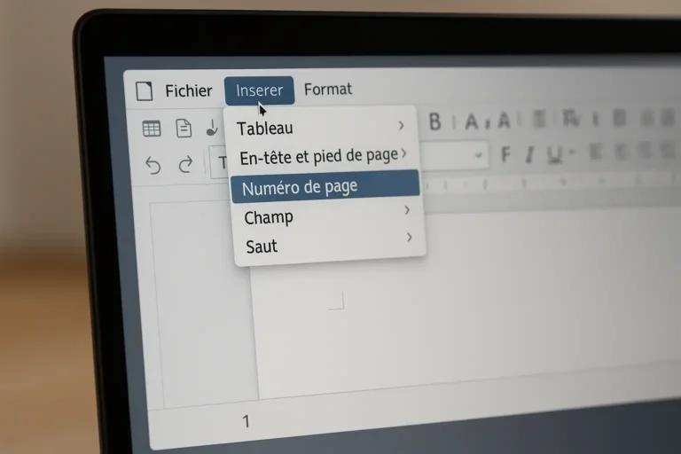 Menu “Insérer › Numéro de page” ouvert dans LibreOffice Writer, montrant la préparation de la pagination.