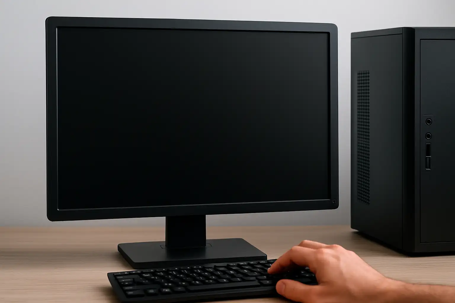 Ordinateur de bureau avec écran noir, main sur le clavier, ambiance lumineuse douce.