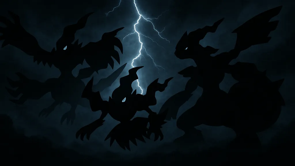 Illustration dramatique de Zekrom, Darkrai et Yveltal sillonnés d’éclairs, symbolisant les Pokémon légendaires noirs.