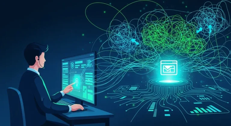 Illustration d'un webmaster gérant la sécurité et la performance d'un site web via un tableau de bord de contrôle.