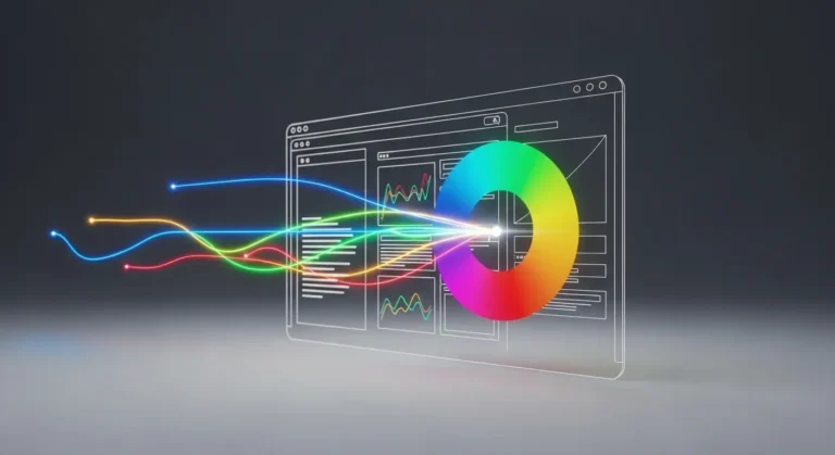 Cercle chromatique lumineux fusionnant avec la maquette d'un site web pour illustrer l'impact psychologique des couleurs sur le design et l'engagement utilisateur.