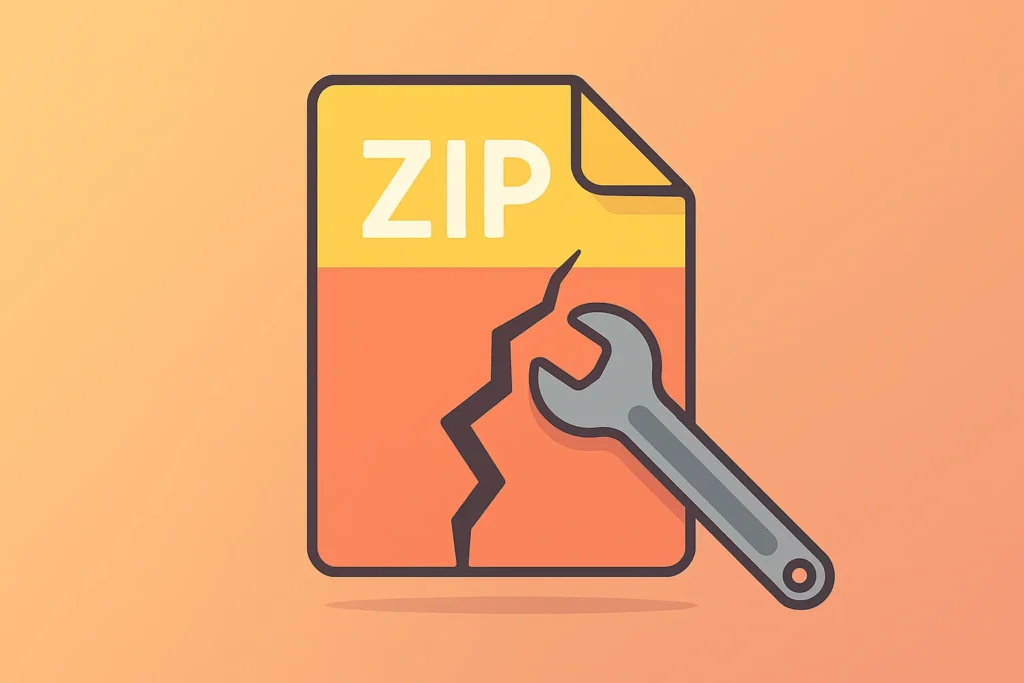 Illustration d’une icône ZIP fissurée réparée par une clé plate