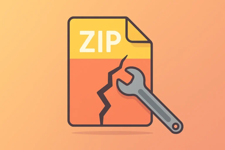 Illustration d’une icône ZIP fissurée réparée par une clé plate