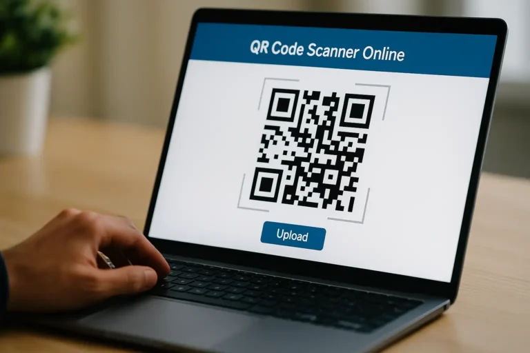 Ordinateur portable affichant un QR code à l’écran, utilisateur interagissant avec le clavier dans un environnement lumineux.