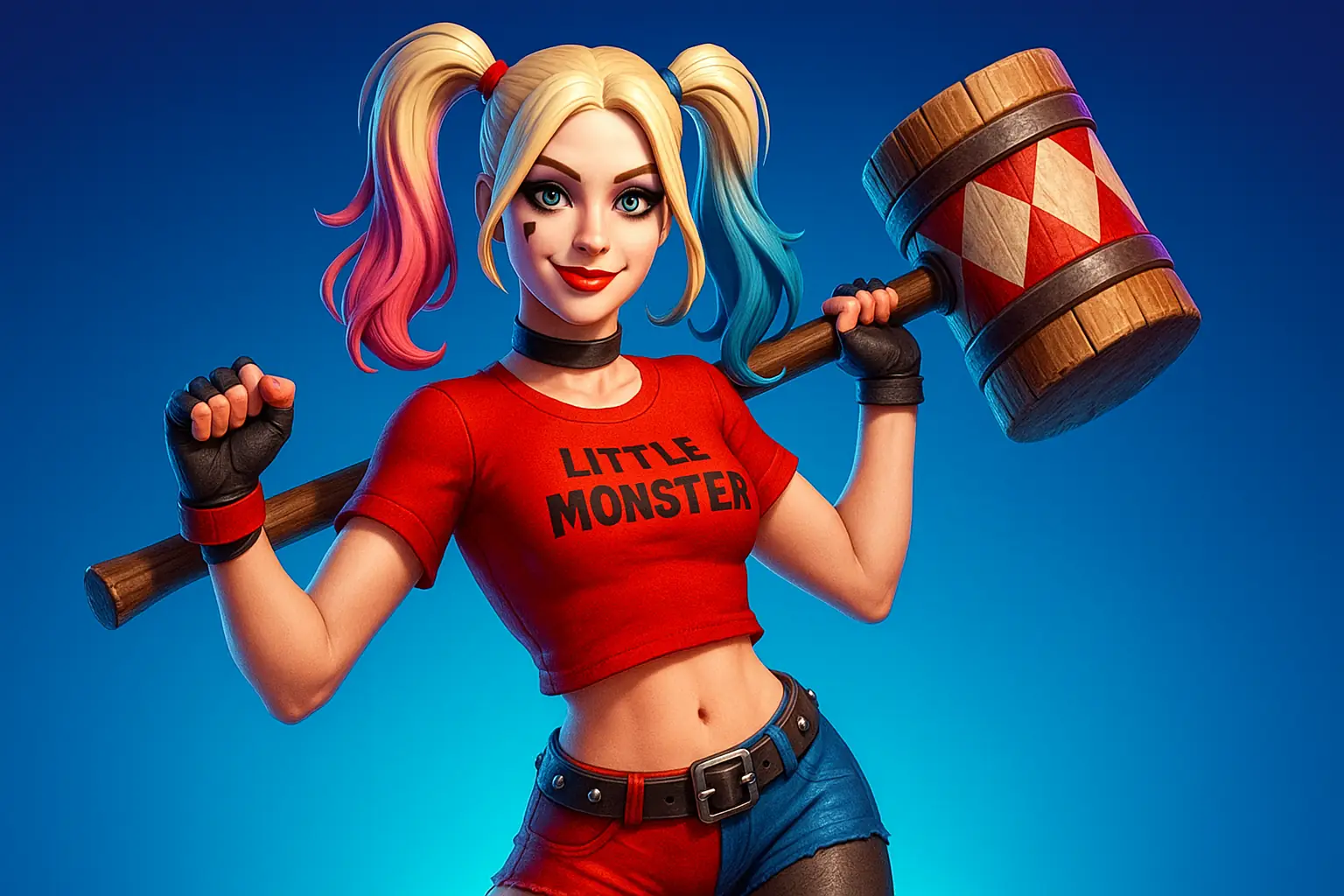 Illustration horizontale et stylisée d’un skin façon Harley Quinn dans Fortnite, pose dynamique sur fond néon bleu, sans aucun texte.