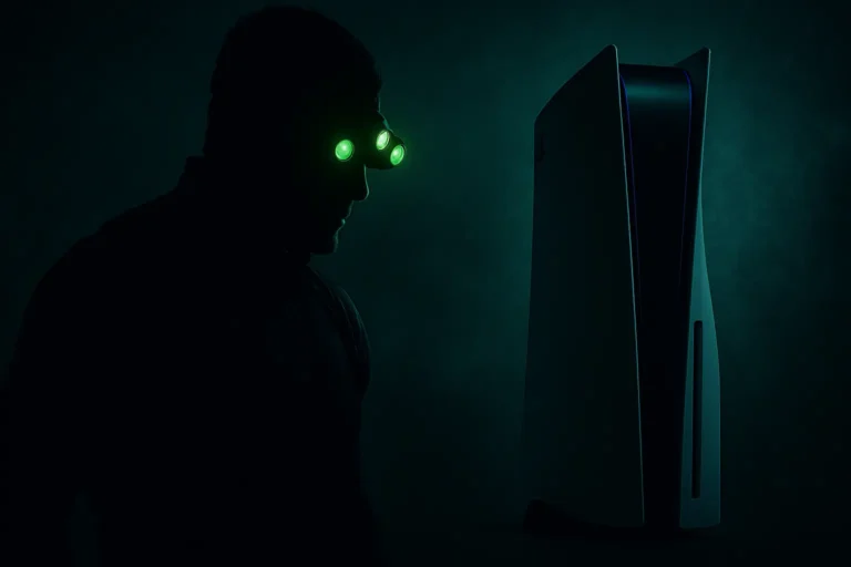 Silhouette de Sam Fisher aux lunettes vertes face à une PlayStation 5 éclairée d’une lueur bleutée, illustrant la sortie prochaine de Splinter Cell sur PS5.