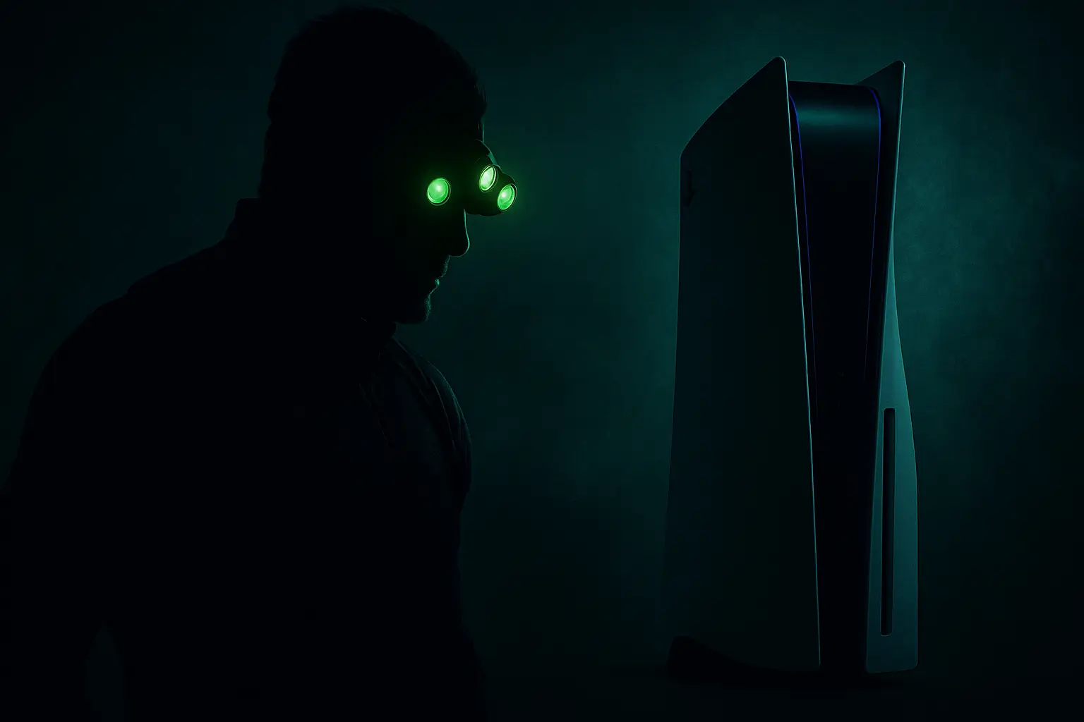 Silhouette de Sam Fisher aux lunettes vertes face à une PlayStation 5 éclairée d’une lueur bleutée, illustrant la sortie prochaine de Splinter Cell sur PS5.