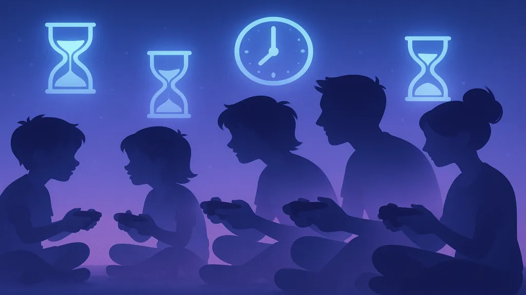 Illustration horizontale représentant des joueurs de différents âges avec des icônes d’horloge et sabliers pour symboliser le temps de jeu vidéo par tranche d’âge.
