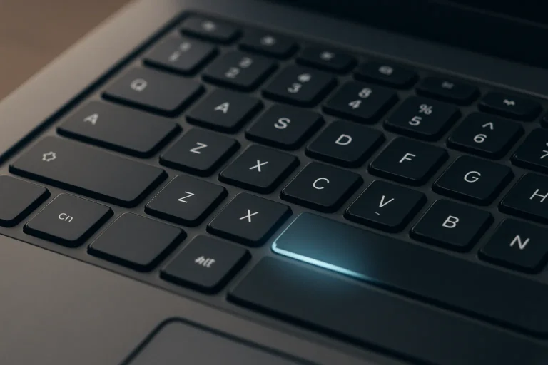 Gros plan sur le clavier d’un ordinateur portable, la touche Shift étant discrètement mise en évidence par un léger halo lumineux.
