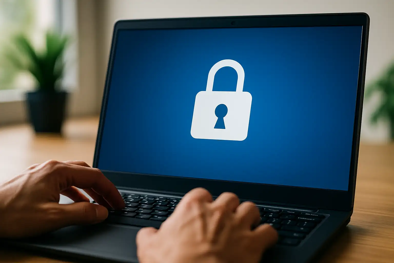 Laptop affichant un écran de verrouillage avec icône cadenas, mains sur le clavier.