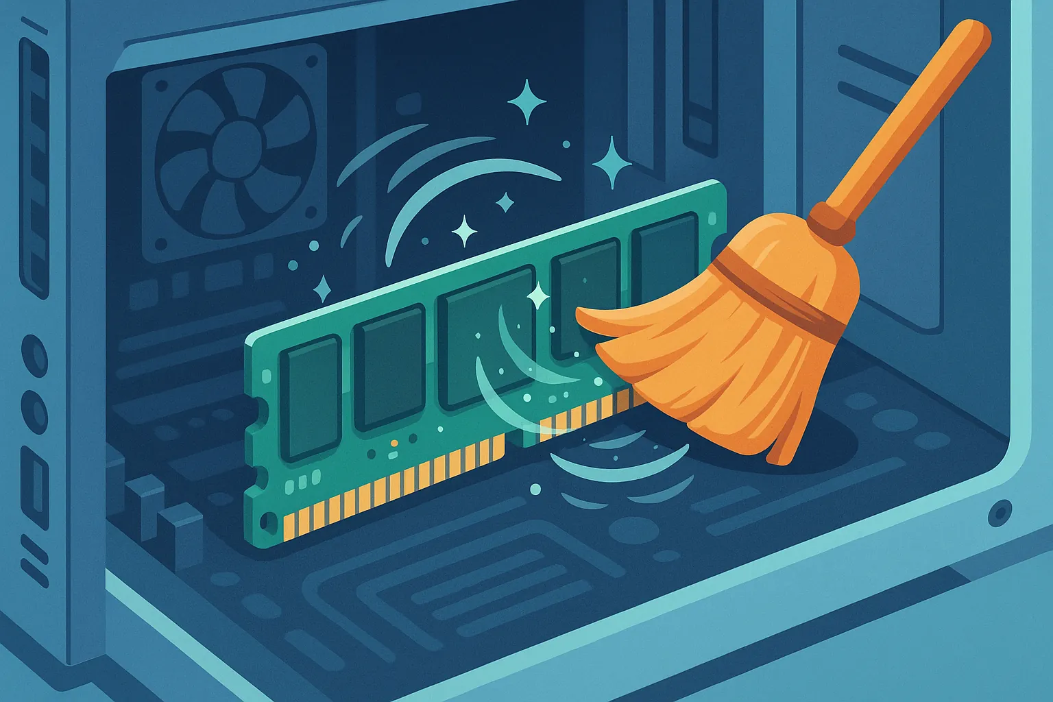 Illustration d’un balai nettoyant une barrette de RAM à l’intérieur d’un PC pour symboliser la libération de mémoire.