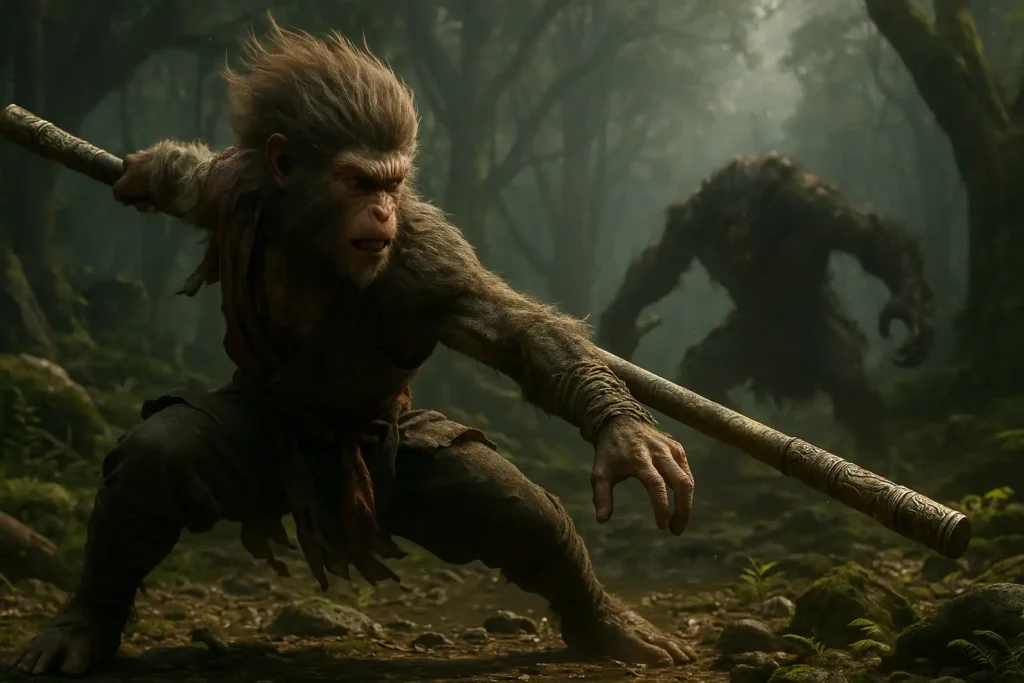Illustration réaliste de Black Myth Wukong sur PS5 montrant le Roi Singe en plein combat dans une forêt mystique avec son bâton, ambiance sombre et épique