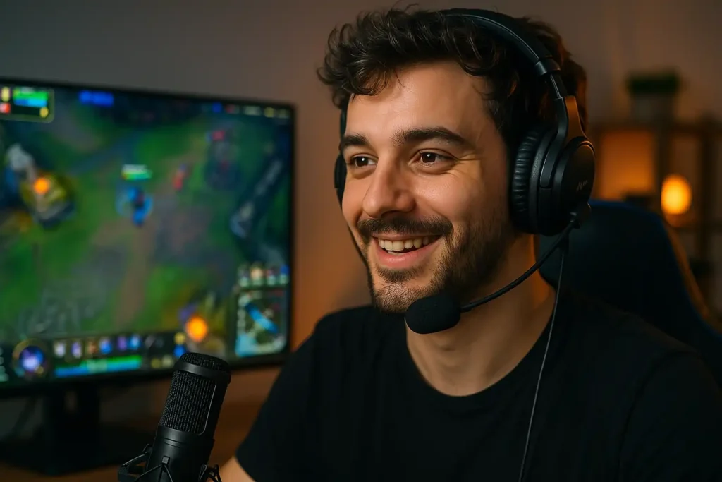 Illustration réaliste d’un streamer français devant son setup gaming, inspirée de l’univers League of Legends avec ambiance e-sport et lumières néon