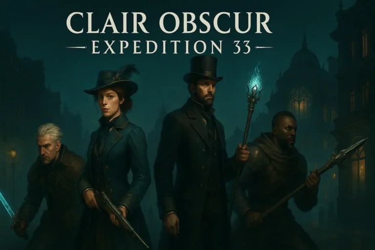 Illustration cinématographique de Clair Obscur Expedition 33 montrant un groupe d’aventuriers en tenue Belle Époque dans une ville Art nouveau sombre et poétique