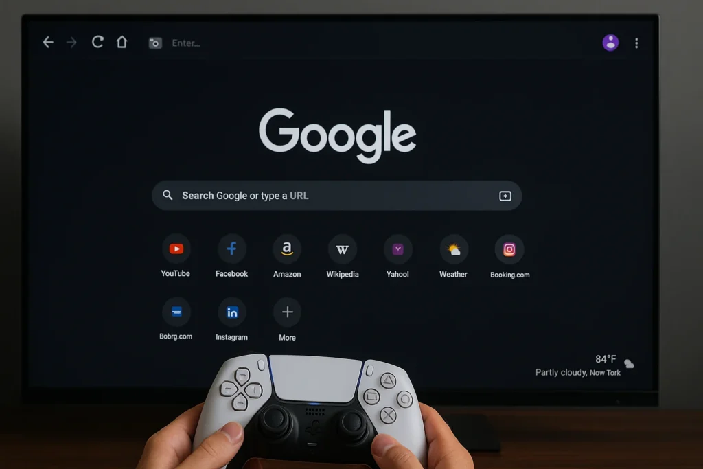 Personne tenant une manette PS5 devant un écran affichant Google en mode sombre via navigateur intégré