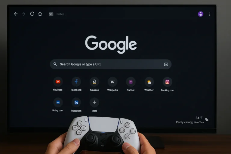 Personne tenant une manette PS5 devant un écran affichant Google en mode sombre via navigateur intégré
