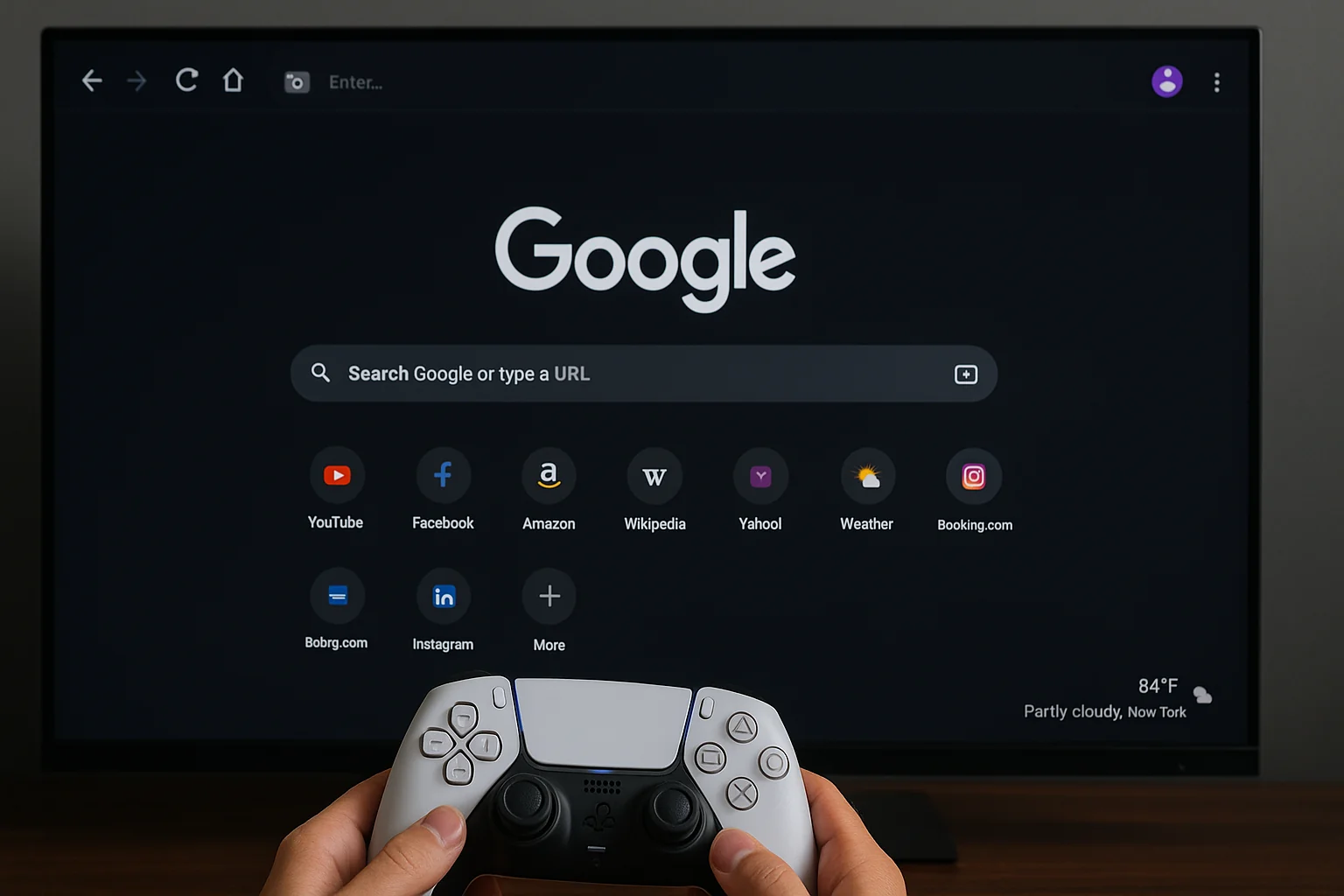 Personne tenant une manette PS5 devant un écran affichant Google en mode sombre via navigateur intégré