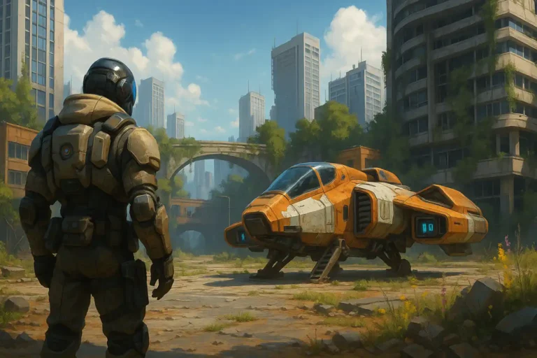 Illustration réaliste et cinématographique de Concord avec un soldat en armure futuriste et un vaisseau spatial orange dans un décor lumineux de science-fiction