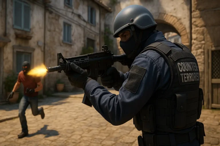 Scène réaliste de Counter-Strike 2 montrant un affrontement urbain entre un soldat antiterroriste armé et un adversaire masqué courant dans une ruelle