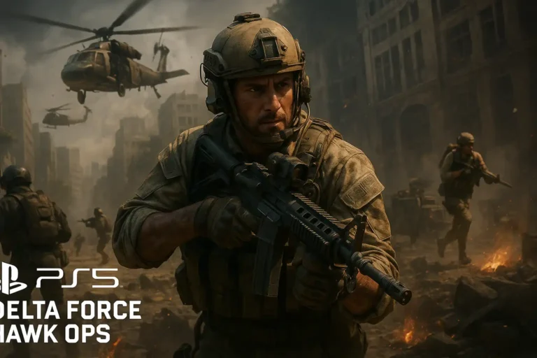 Illustration réaliste de Delta Force Hawk Ops montrant des soldats en tenue tactique avançant dans une ville en ruines avec un hélicoptère Black Hawk en arrière-plan