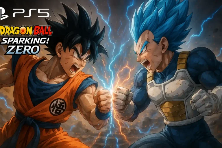 Illustration réaliste et cinématographique de Dragon Ball Sparking Zero sur PS5 montrant Goku et Vegeta en plein combat épique avec des éclairs d’énergie