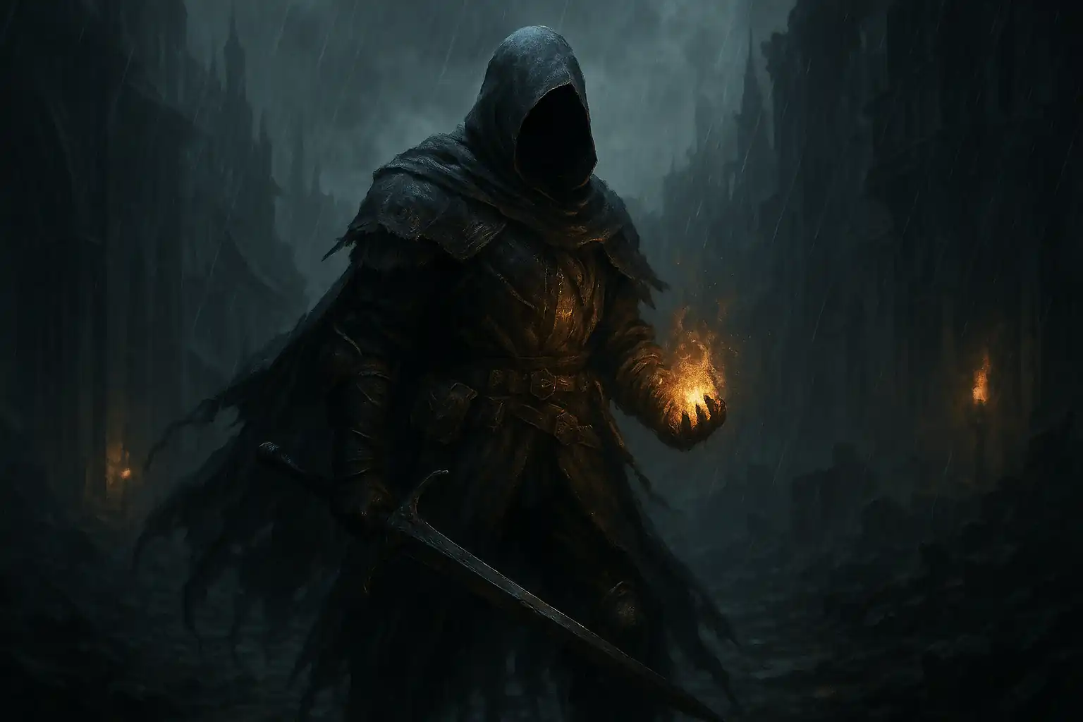 Illustration sombre d’Elden Ring Nightreign montrant un héros encapuchonné armé d’une épée et tenant une flamme magique dans un décor gothique nocturne