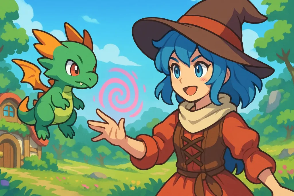 Jeune magicienne contrôlant un dragon dans un décor coloré évoquant l’univers du jeu Farmagia sur Nintendo Switch.